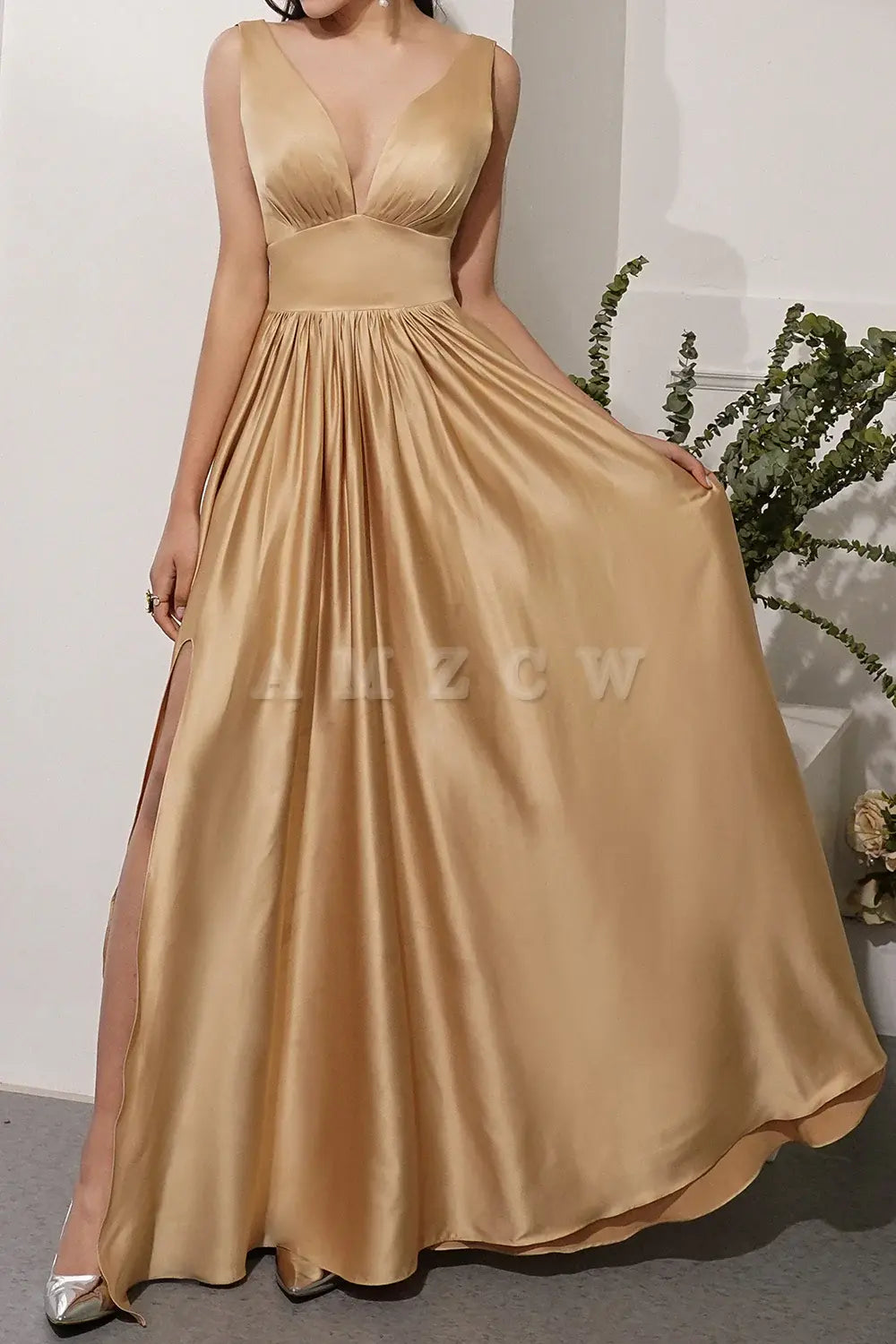 Amzcw Gold Satin Long Prom Party Dress With Slit dressesgowns evening dresses gowns evening dresses