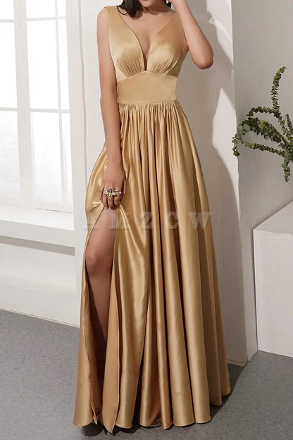 Amzcw Gold Satin Long Prom Party Dress With Slit dressesgowns evening dresses gowns evening dresses