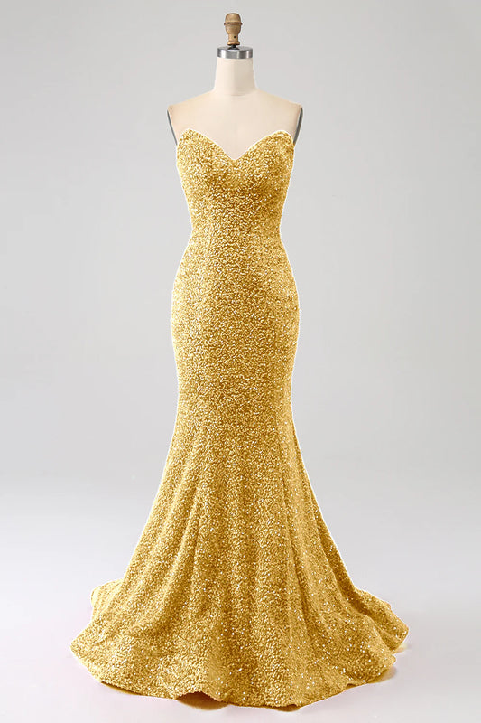 Amzcw Golden Mermaid Sweetheart Sweep Train Prom Dress With Sequins prom dresses shops