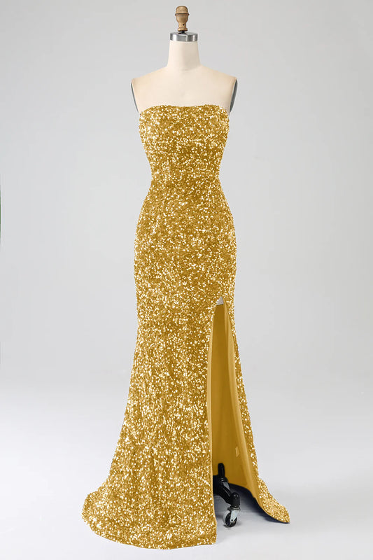 Amzcw Golden Mermaid Strapless Sequins Long Prom Dress With Slit prom dresses shops