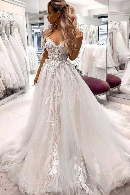 A-Line Off the Shoulder Tulle Lace Appliques Boho Wedding Dress