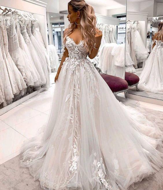 A-Line Off the Shoulder Tulle Lace Appliques Boho Wedding Dress