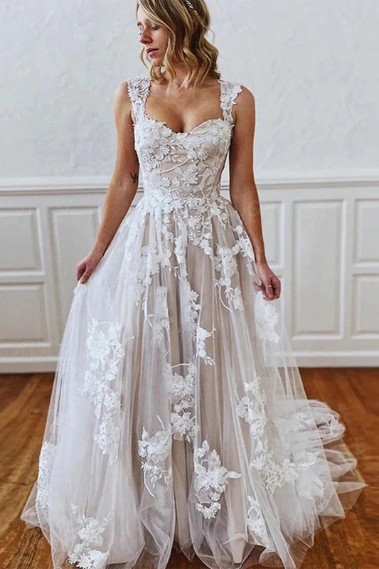 A-line Wedding Dress with Straps Sweetheart Lace Appliques Bride Dress