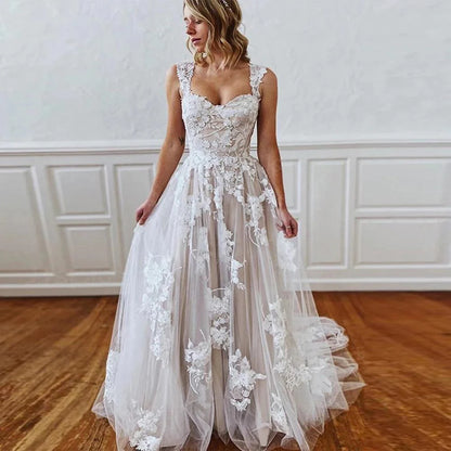 A-line Wedding Dress with Straps Sweetheart Lace Appliques Bride Dress