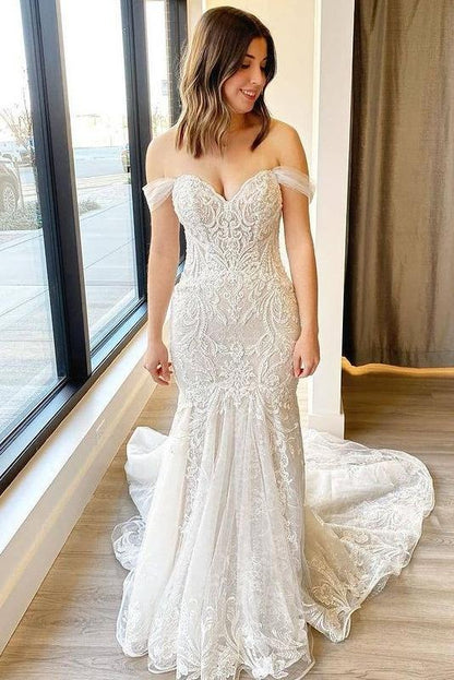 Off The Shoulder Long Mermaid Lace Wedding Dresses