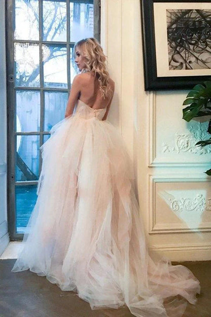 A Line Strapless Tulle Long Elegant Wedding Dresses