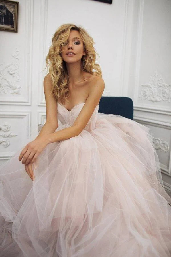 A Line Strapless Tulle Long Elegant Wedding Dresses