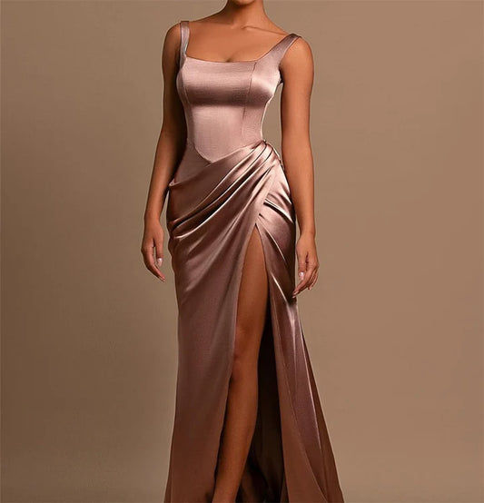 Sheath/Column Wide Shoulder Straps Square Neckline Floor-Length Long Formal Prom Dresses With Split Side