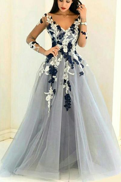 V-neck long sleeves see-through handmade flowers A-line Prom Dresses