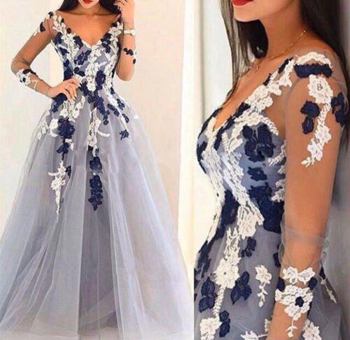 V-neck long sleeves see-through handmade flowers A-line Prom Dresses