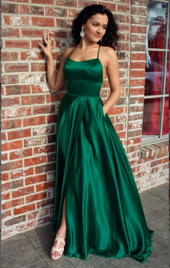 Green Satin Scoop Long Prom Dresses High Slit Sleeveless Criss Cross Evening Dresses