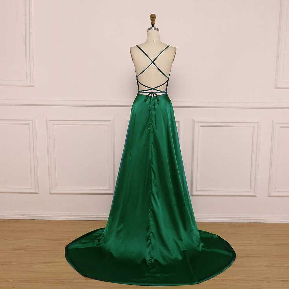 Green Satin Scoop Long Prom Dresses High Slit Sleeveless Criss Cross Evening Dresses