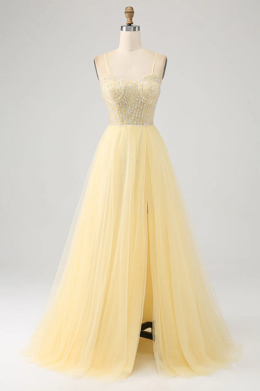 Amzcw Light Yellow A-Line Spaghetti Straps Beaded Tulle Prom Dress with Slit prom dresses shops