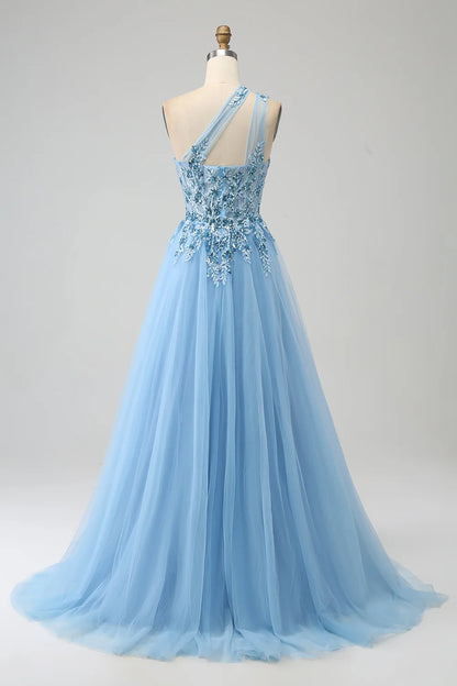 Amzcw Light Blue A-Line One Shoulder Sequin Prom Dress with Appliques