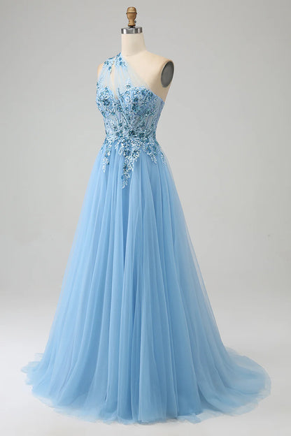 Amzcw Light Blue A-Line One Shoulder Sequin Prom Dress with Appliques