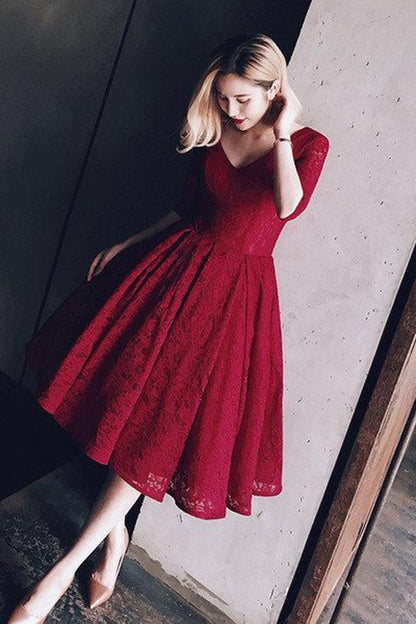 Half Sleeves Burgundy Homecoming Dress With Lace V-Neck Short Cocktail Dress