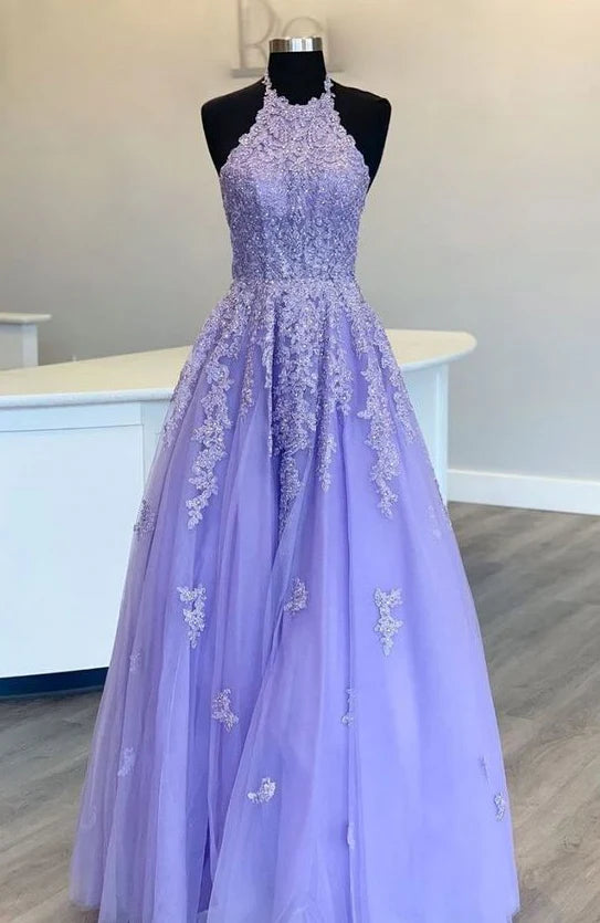 A-line Lavender Tulle Prom Dress with Open Back Long Evening Dresses