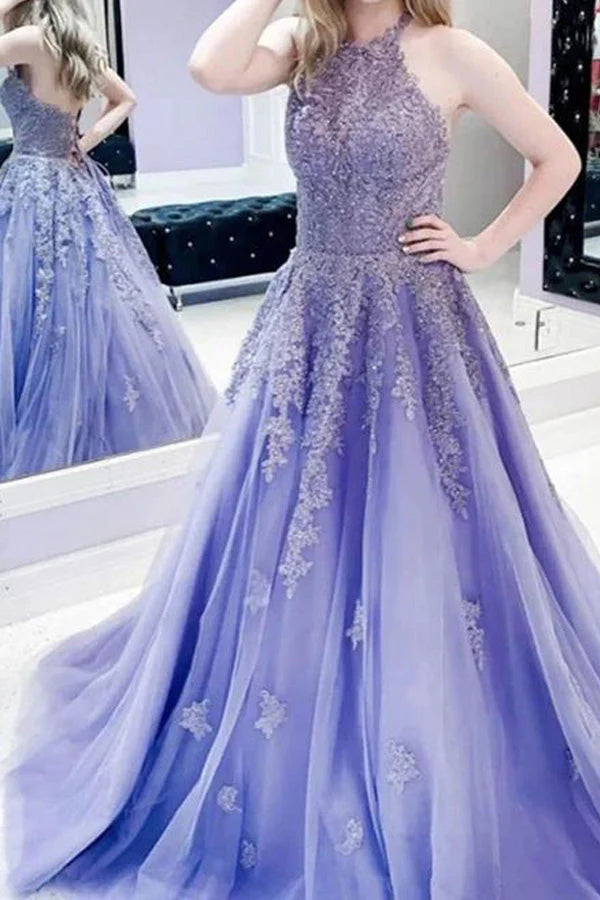 A-line Lavender Tulle Prom Dress with Open Back Long Evening Dresses