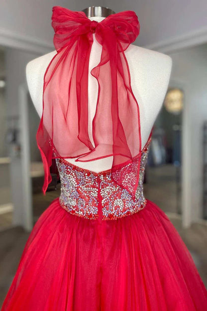 Halter Beaded Bodice A Line Tulle Sweep Train Prom Dresses