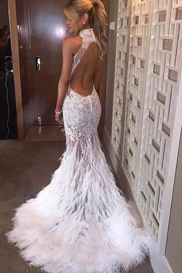 Halter Neck Feather Mermaid Appliques White Prom Dress With Court Train Prom Dresses