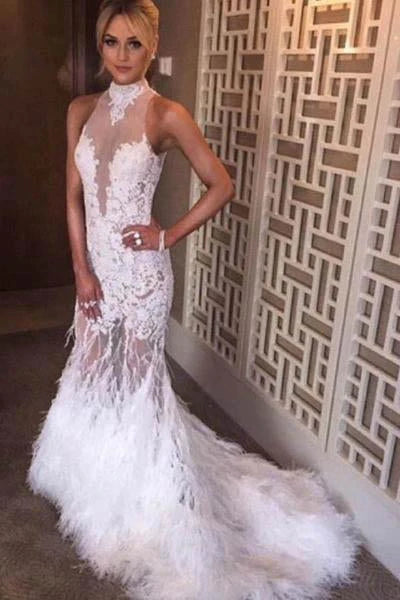 Halter Neck Feather Mermaid Appliques White Prom Dress With Court Train Prom Dresses