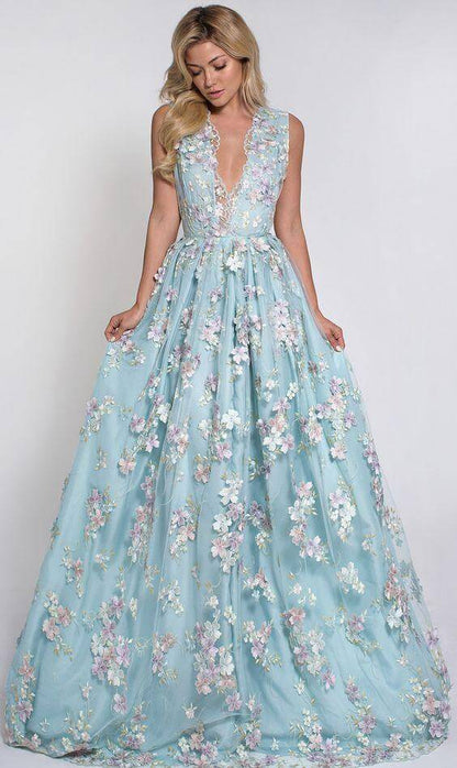 Hot Selling Deep V-neck Light Sky Blue Prom Dress with Flowers