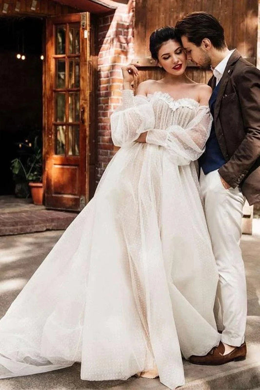 Off the Shoulder Bride Dress Simple Long Puffy Sleeves Wedding Gown