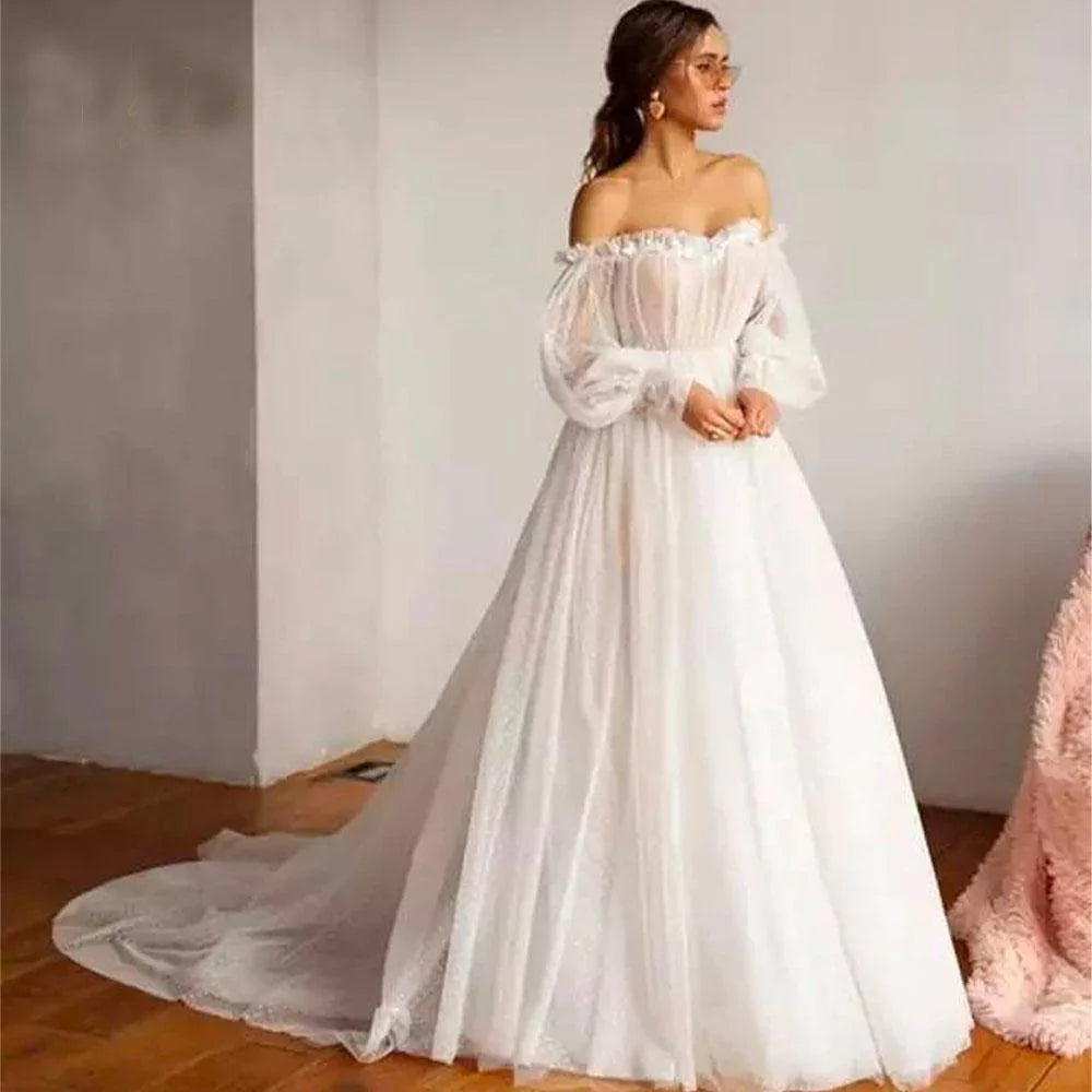 Off the Shoulder Bride Dress Simple Long Puffy Sleeves Wedding Gown