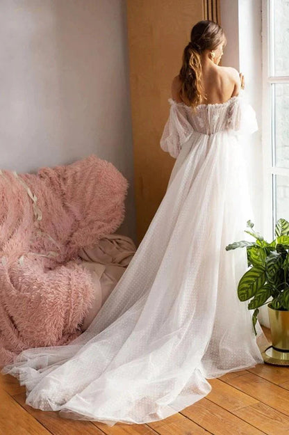 Off the Shoulder Bride Dress Simple Long Puffy Sleeves Wedding Gown