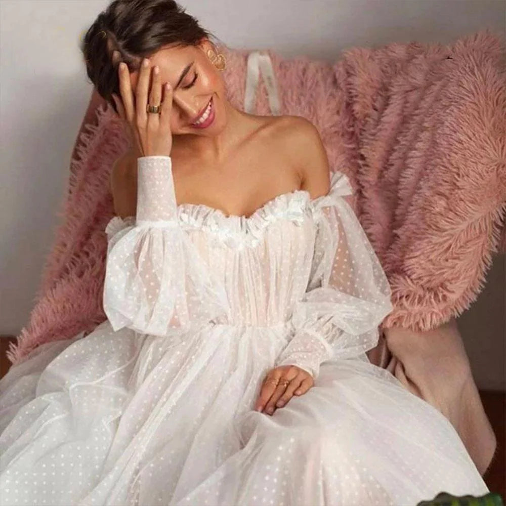 Off the Shoulder Bride Dress Simple Long Puffy Sleeves Wedding Gown