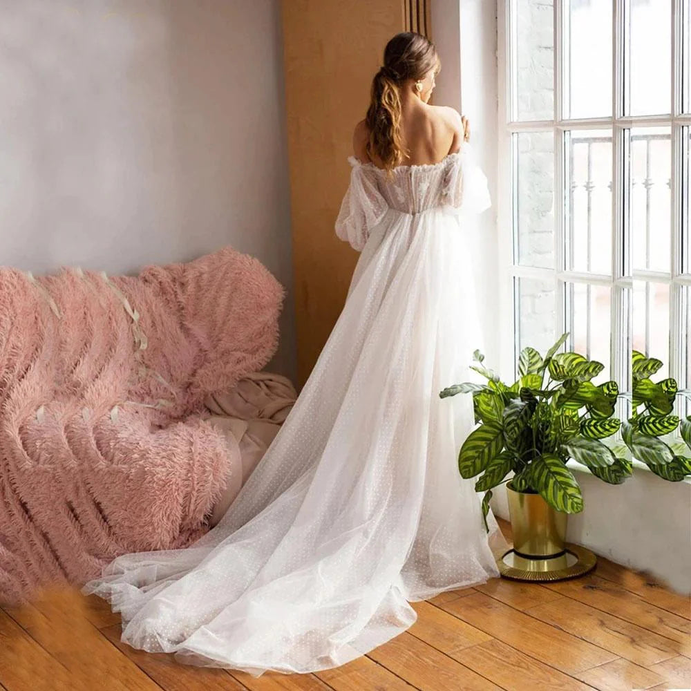 Off the Shoulder Bride Dress Simple Long Puffy Sleeves Wedding Gown