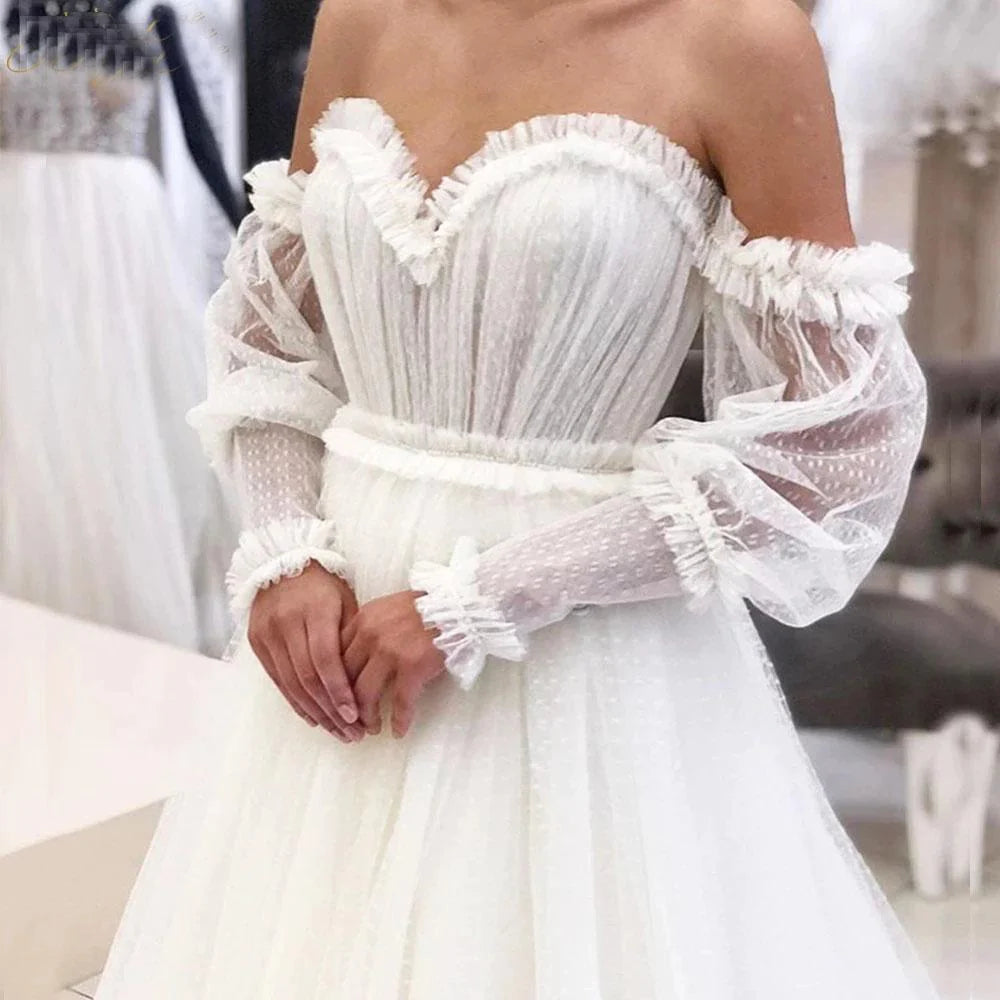 Off the Shoulder Bride Dress Simple Long Puffy Sleeves Wedding Gown