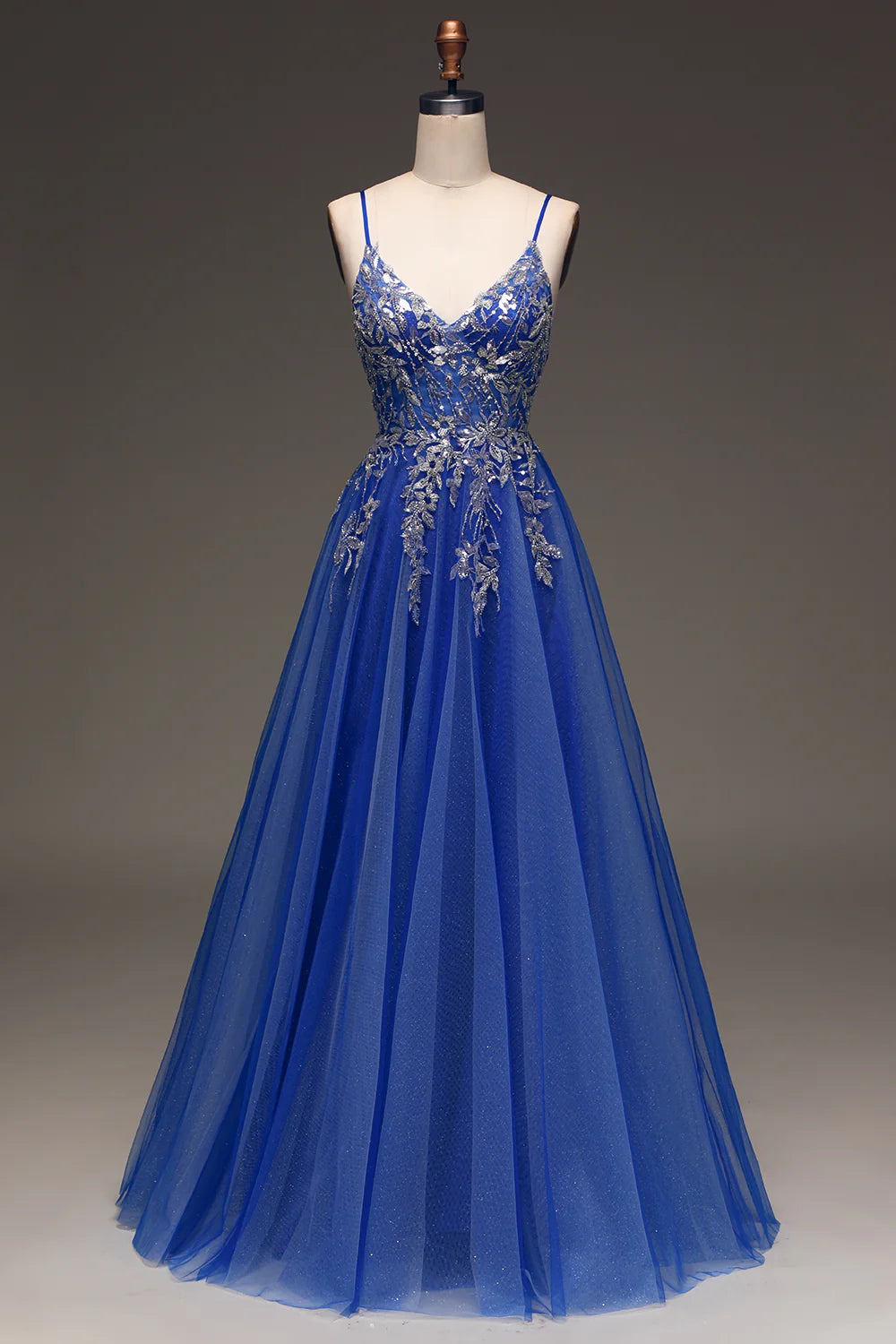 Amzcw Royal Blue A Line Spaghetti Straps Sleeveless Sequin Long Prom Dress prom dresses with long sleeves