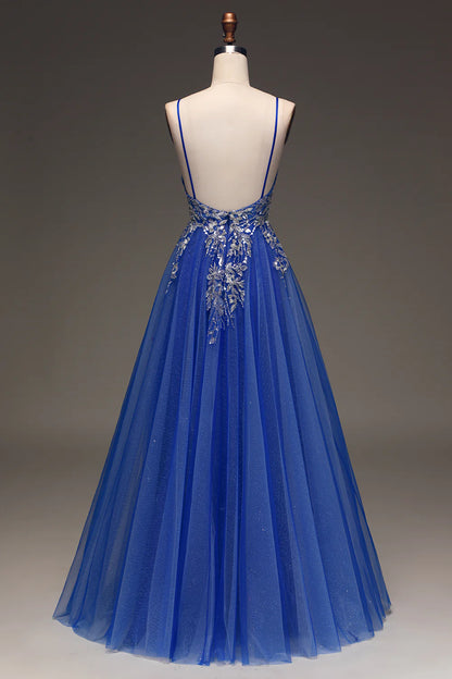 Amzcw Royal Blue A Line Spaghetti Straps Sleeveless Sequin Long Prom Dress prom dresses with long sleeves