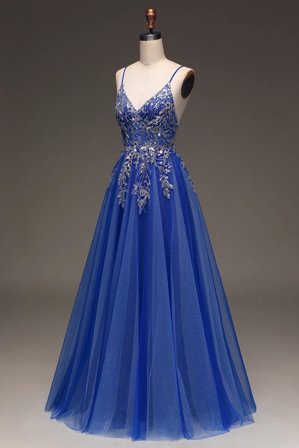 Amzcw Royal Blue A Line Spaghetti Straps Sleeveless Sequin Long Prom Dress prom dresses with long sleeves