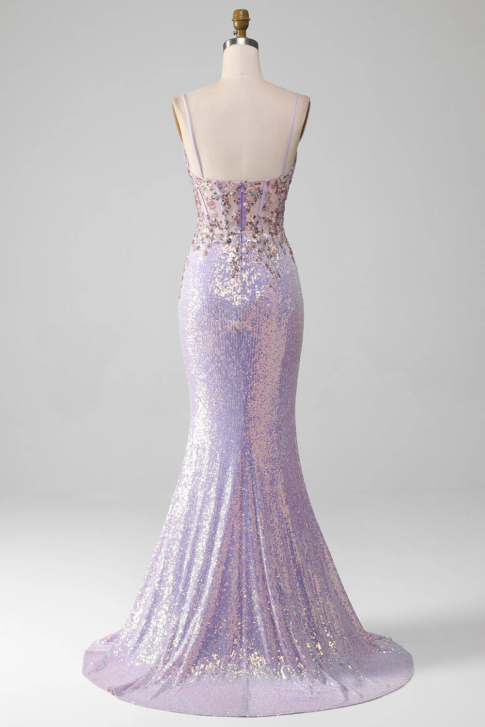 Amzcw Lilac Mermaid Spaghetti Straps Sparkly Sequin Corset Prom Dress with Slit prom dresses with long sleeves