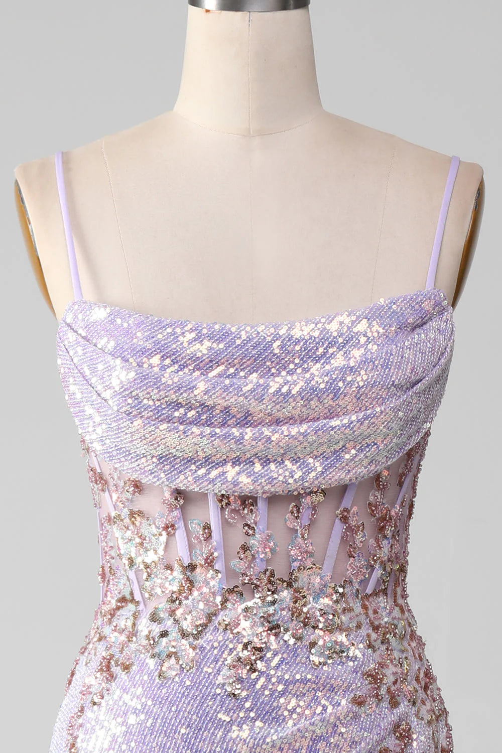 Amzcw Lilac Mermaid Spaghetti Straps Sparkly Sequin Corset Prom Dress with Slit prom dresses with long sleeves