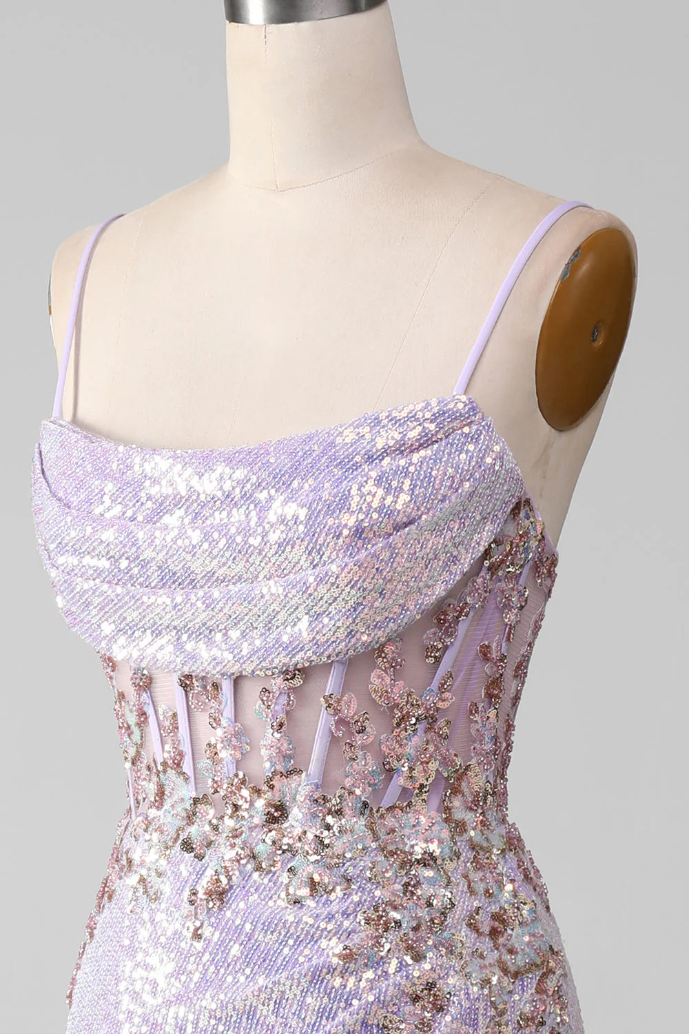 Amzcw Lilac Mermaid Spaghetti Straps Sparkly Sequin Corset Prom Dress with Slit prom dresses with long sleeves