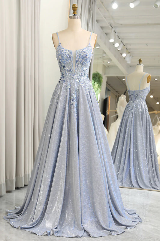 Amzcw Glitter Grey Blue A-Line Spaghetti Straps Long Prom Dress With Appliques prom dresses shops