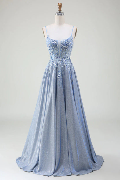 Amzcw Glitter Grey Blue A-Line Spaghetti Straps Long Prom Dress With Sequins prom dresses shops