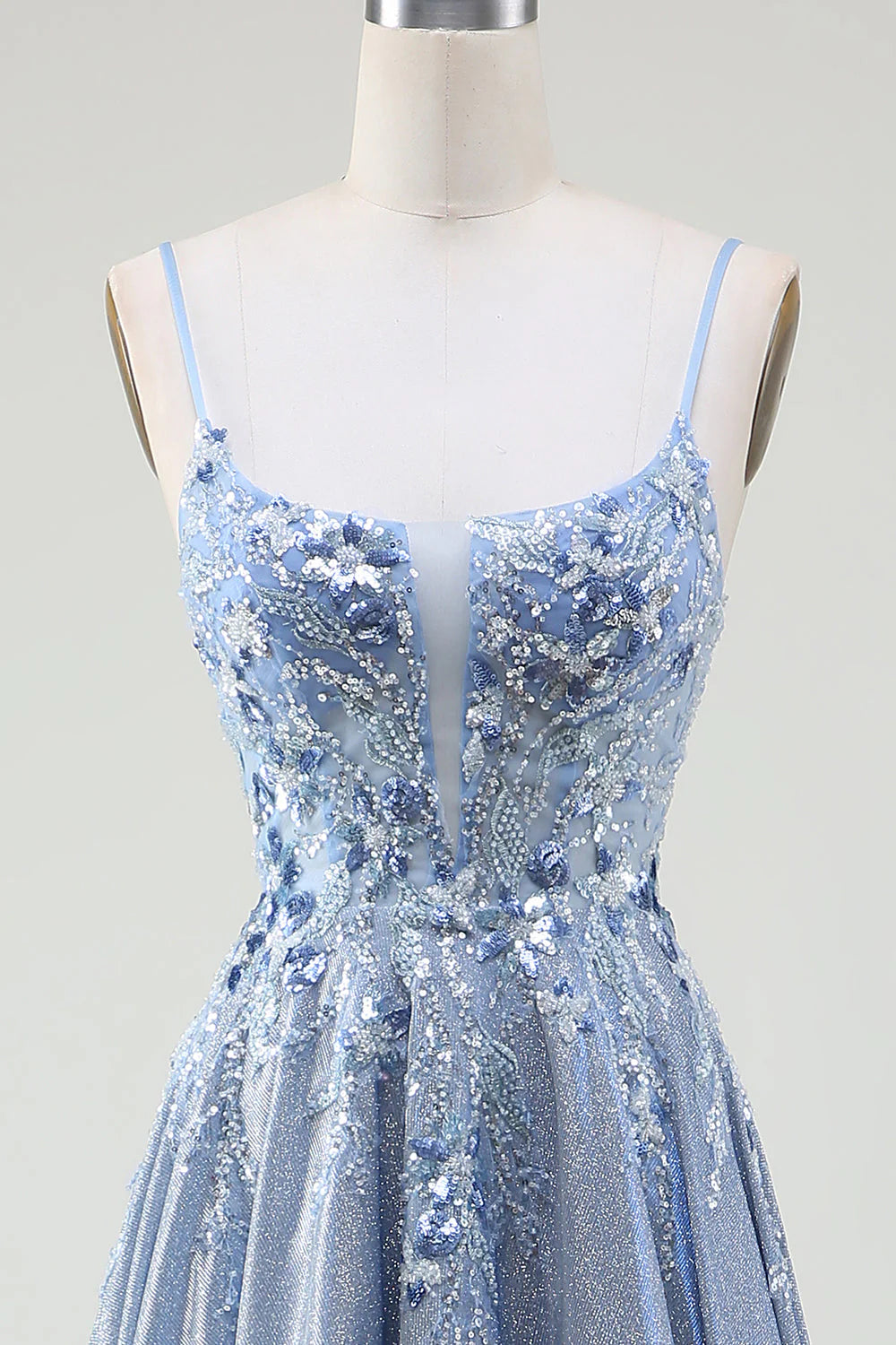 Amzcw Glitter Grey Blue A-Line Spaghetti Straps Long Prom Dress With Sequins prom dresses shops