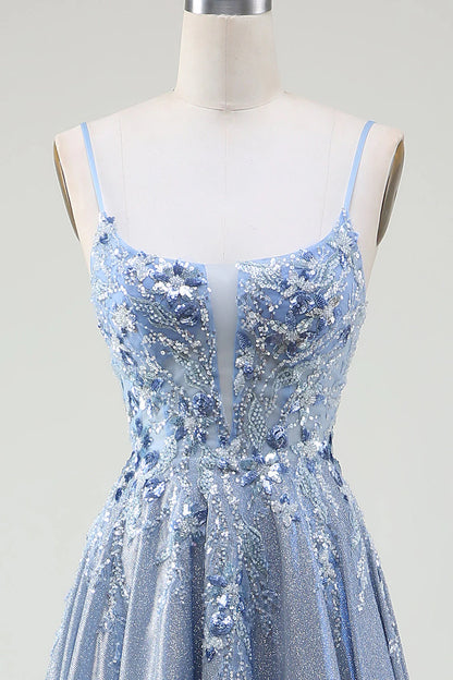 Amzcw Glitter Grey Blue A-Line Spaghetti Straps Long Prom Dress With Sequins prom dresses shops