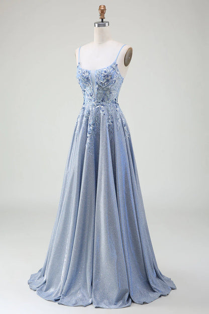 Amzcw Glitter Grey Blue A-Line Spaghetti Straps Long Prom Dress With Sequins prom dresses shops