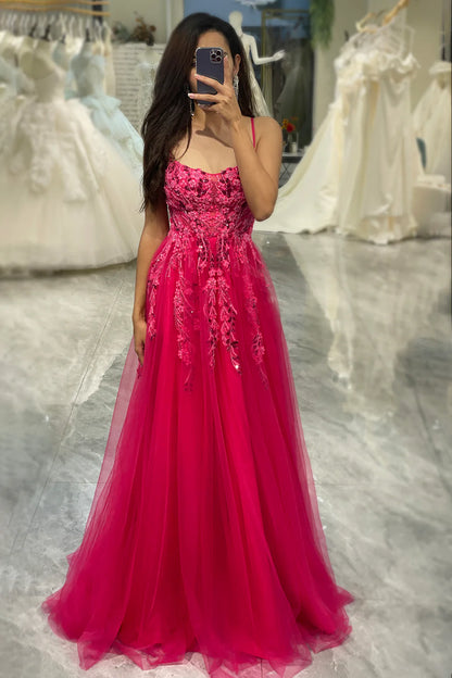 Amzcw A Line Fuchsia Spaghetti Straps Tulle Long Prom Dress With Appliques prom dresses with long sleeves