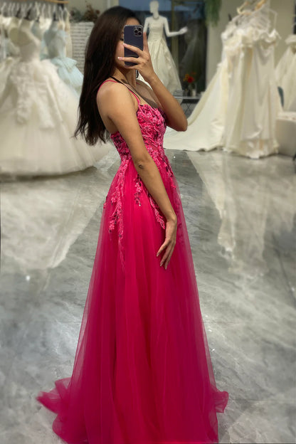 Amzcw A Line Fuchsia Spaghetti Straps Tulle Long Prom Dress With Appliques prom dresses with long sleeves