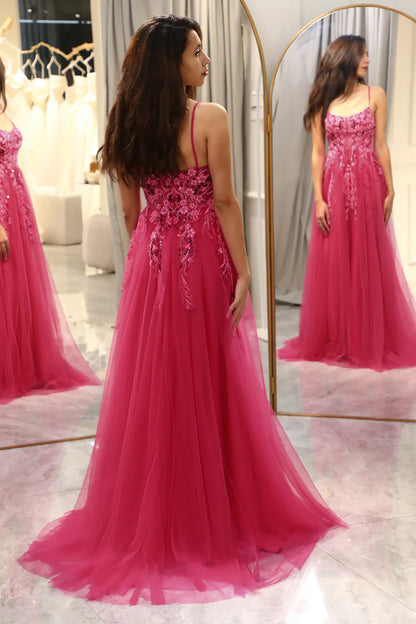 Amzcw A Line Fuchsia Spaghetti Straps Tulle Long Prom Dress With Appliques prom dresses with long sleeves