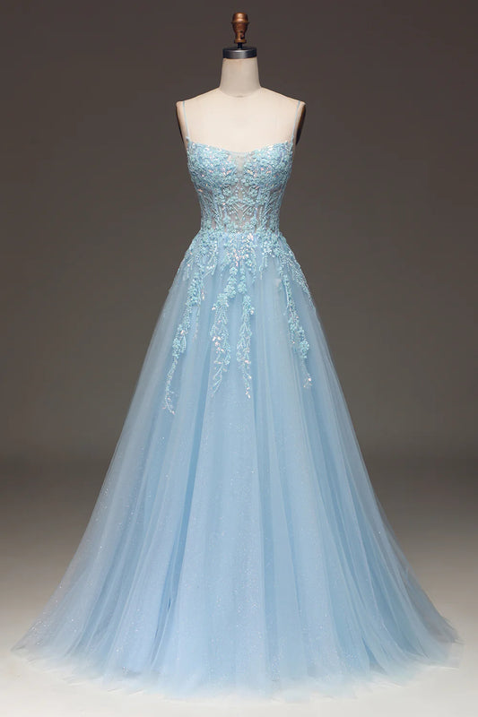 Amzcw A Line Light Blue Sequin Spaghetti Straps Prom Dress With Appliques