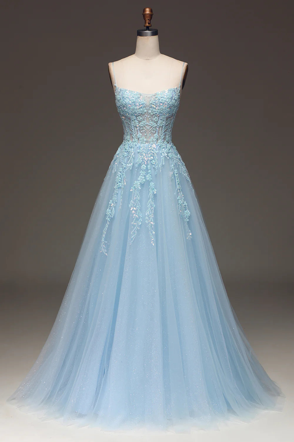 Amzcw Spaghetti Straps A Line Light blue Prom Dress with Appliques