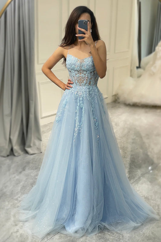 Amzcw A Line Light Blue Spaghetti Straps Tulle Long Prom Dress With Appliques prom dresses with long sleeves