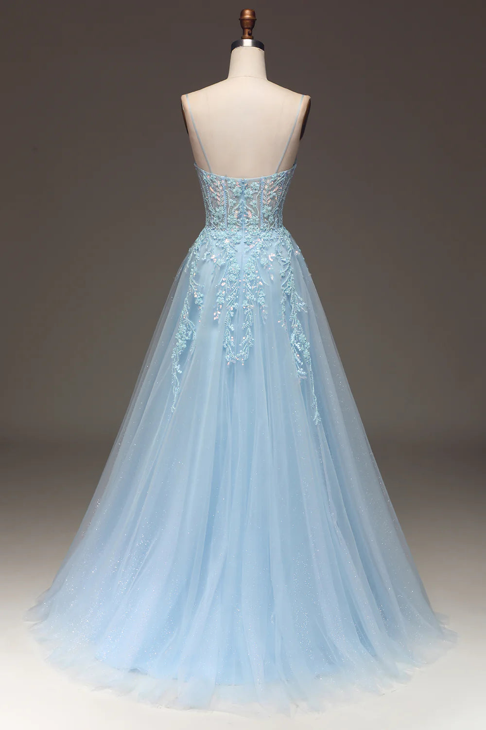 Amzcw Spaghetti Straps A Line Light blue Prom Dress with Appliques